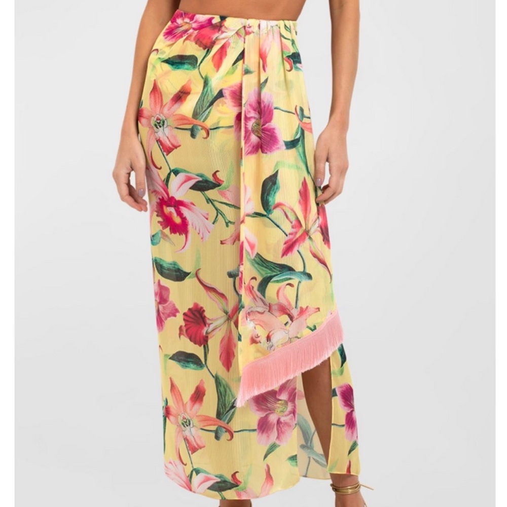 PatBo yellow and pink floral fringe maxi skirt / swim coverup - Picture 2 of 7